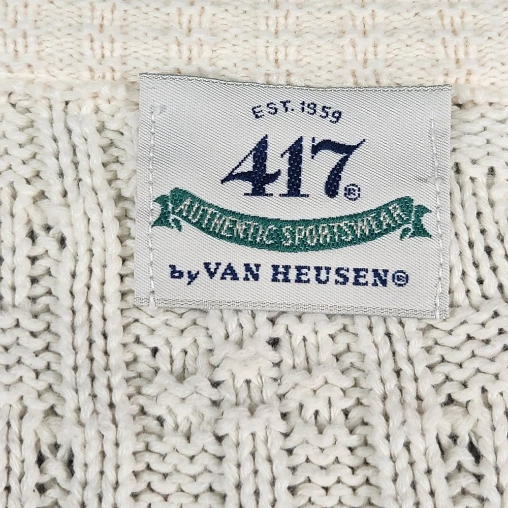Vintage Van Heusen Cardigan Mens Medium Sweater Ivory Cable Knit Grandpa Coastal
